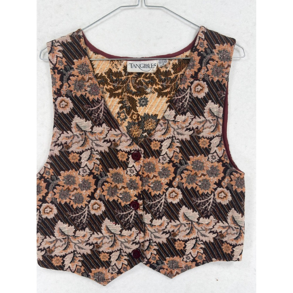 Vintage Tangibles Floral Tapestry Vest Small Cotton Button Front Boho Vest